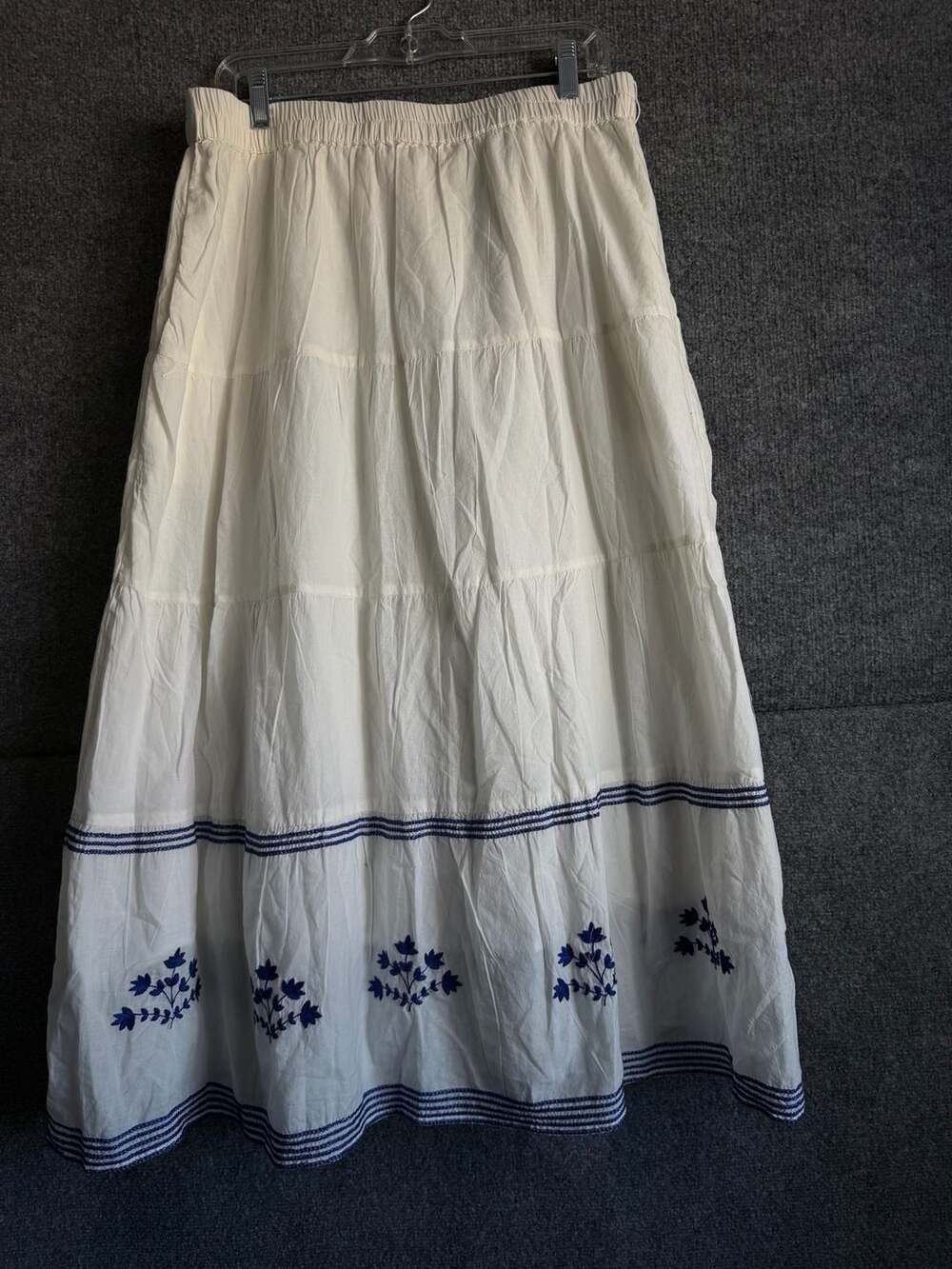 Pomegranate Tiered Midi Skirt Size L White Blue Embroidered